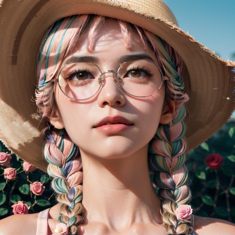 00623-1496068385-_lora_caomao_0.8_1girl, solo, braid, hat, twin braids, straw hat, flower, looking at viewer, realistic, pink flower, brown eyes,.png